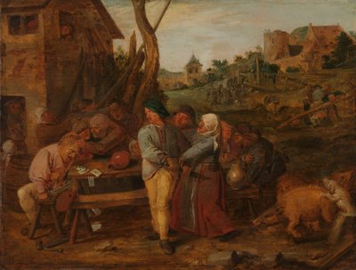 Kaartspel buiten een landelijke herberg door Adriaen Brouwer