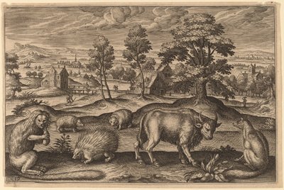 Een aap, een stekelvarken, twee egels, een buffel en een vos door Adriaen Collaert