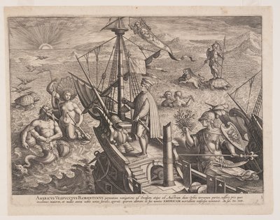 Amerigo Vespucci op zijn schip, uit Americae Retectio (De ontdekking van Amerika) door Adriaen Collaert