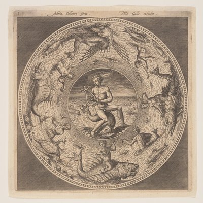 Arion op een dolfijn omringd door een rand versierd met zeewezens, uit een serie ontwerpen voor platen (Fonds de Coupe) door Adriaen Collaert