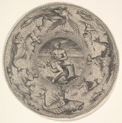 Arion op een dolfijn omringd door een rand versierd met zeedieren, uit een set, 1580-1600 door Adriaen Collaert