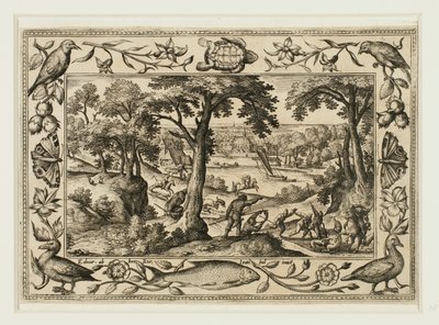 Berenjacht, uit Landschappen met scènes uit het Oude en Nieuwe Testament en Jachtscènes door Adriaen Collaert