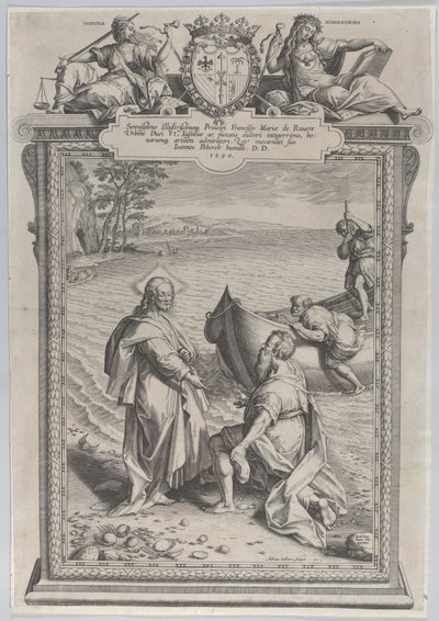 Christus roept Sint Andreas, die voor hem knielt op een strand, en Sint Petrus, die klimt..., 1590 door Adriaen Collaert