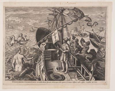 Christoffel Columbus op zijn schip, uit Americae Retectio (De ontdekking van Amerika) door Adriaen Collaert