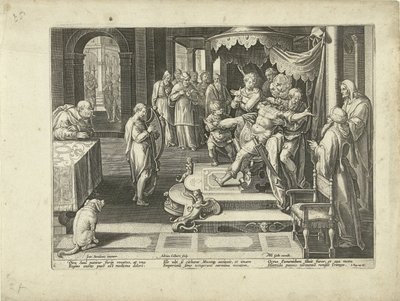 David speelt op zijn harp voor Koning Saul door Adriaen Collaert