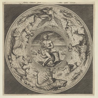 Ontwerp voor een Bord met Arion Rijdend op een Dolfijn in een Medaillon omgeven door Zeemonsters, ca. 1600 door Adriaen Collaert