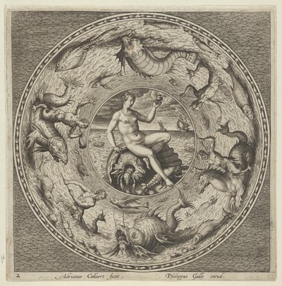 Ontwerp voor een Bord met Thetis op een Schelp in een Medaillon Omgeven door Zeemonsters, c. 1600 door Adriaen Collaert