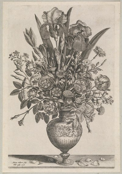Bloemenstuk met irissen door Adriaen Collaert