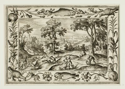 Hazenjacht, uit Landschappen met scènes uit het Oude en Nieuwe Testament en Jachtscènes door Adriaen Collaert