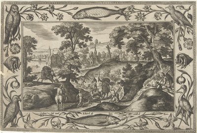 Hertenjacht Landschappen met Bijbelse, mythologische scènes en jachttaferelen door Adriaen Collaert