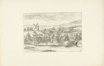 Landschap met een rivier en een windmolen door Adriaen Collaert