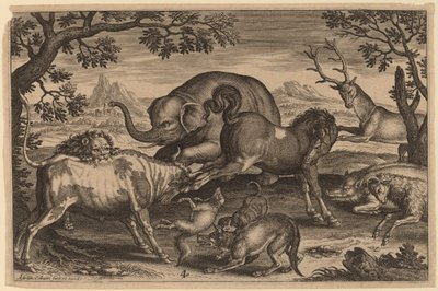 Leeuw, stier, vos, wolf, hond, everzwijn, geit, paard, olifant en hert door Adriaen Collaert