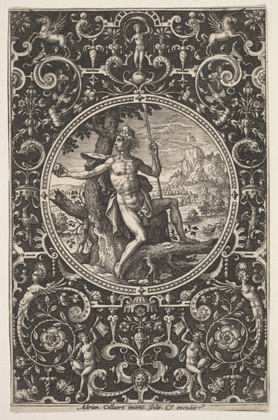 Parijs in een decoratieve lijst met grotesken door Adriaen Collaert