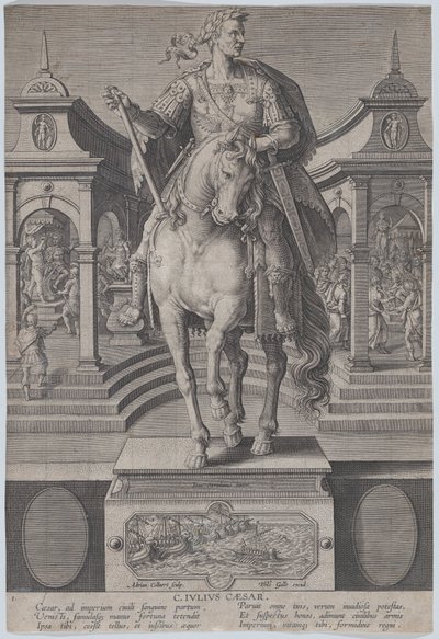 Plaat 1: ruiterstandbeeld van Julius Caesar, gezien van voren, met een scène van een, ca. 1587-89 door Adriaen Collaert