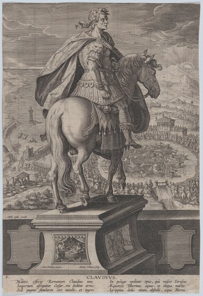 Ruiterstandbeeld van Claudius, gezien van achteren, een zeewedstrijd door Adriaen Collaert