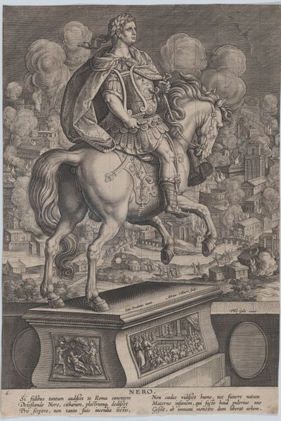 Plaat 6: ruiterstandbeeld van Nero, gezien van achteren, de Grote Brand van Rome, ca. 1587-89 door Adriaen Collaert