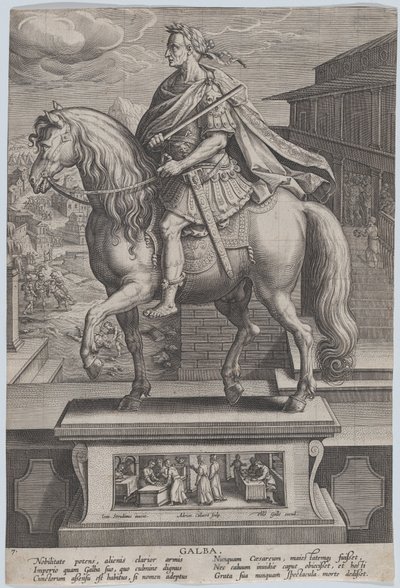 Plaat 7: ruiterstandbeeld van Galba, in profiel naar links, met een onthoofdingsscène, ca. 1587-89 door Adriaen Collaert