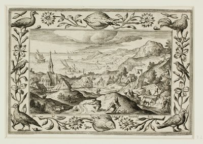 Konijnenjacht, uit Landschappen met scènes uit het Oude en Nieuwe Testament en Jachtscènes door Adriaen Collaert