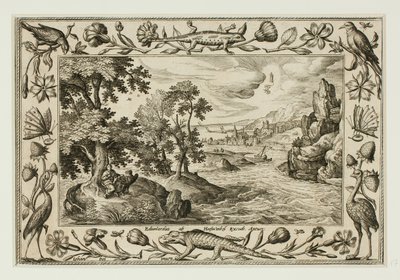 Johannes op Patmos, uit Landschappen met scènes uit het Oude en Nieuwe Testament en Jachtscènes door Adriaen Collaert