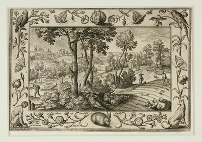 De vijand zaait tarwe tussen het koren, van landschappen met scènes uit het Oude en Nieuwe Testament en jachtscènes door Adriaen Collaert