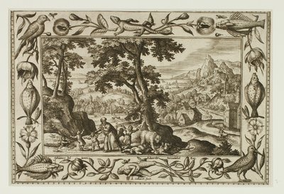 De spottende kinderen vervloekt door Elia en opgegeten door de berin, uit Landschappen met scènes uit het Oude en Nieuwe Testament en Jachtscènes door Adriaen Collaert