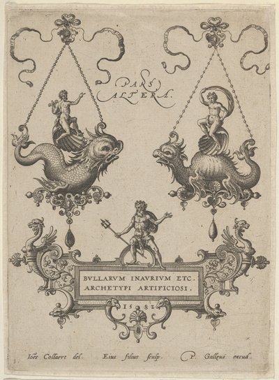 Titelplaat met Twee Hangerontwerpen Boven en Neptunus Staand op een Cartouche Onder, 1582 door Adriaen Collaert