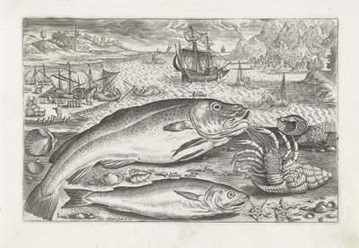 Twee vissen op het strand door Adriaen Collaert