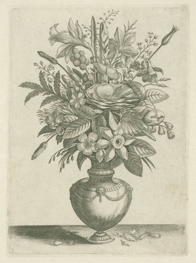 Vaas met bloemen, waaronder trompetnarcissen door Adriaen Collaert