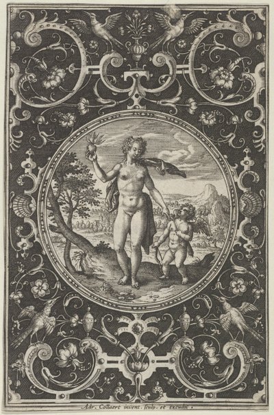 Venus en Cupido in een decoratief kader met grotesken, uit het oordeel van Parijs door Adriaen Collaert