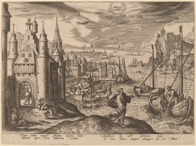 Jezus roept de apostelen onder de vissers door Adriaen Collaert after Hans Bol