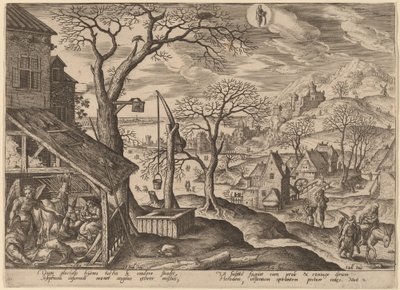 De engel vertelt Jozef te vluchten en de vlucht naar Egypte door Adriaen Collaert after Hans Bol