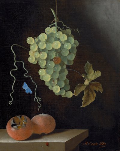 Stilleven met een Hangende Druiventros, Twee Mispels en een Vlinder door Adrian Coorte