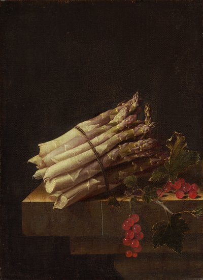 Stilleven met asperges en rode bessen door Adrian Coorte