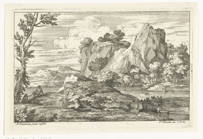 Landschap met grote rots bij een rivier door Adriaen Frans Boudewyns