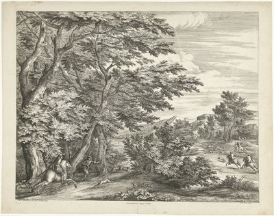 Landschap met hertenjacht door Adriaen Frans Boudewyns