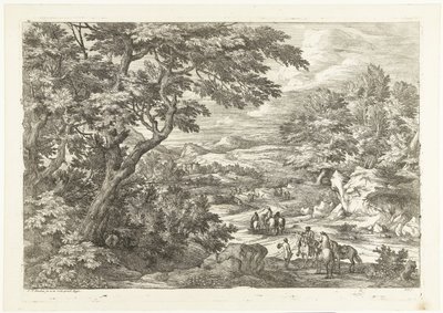 Landschap met jagers op weg naar huis, in de verte een kasteel door Adriaen Frans Boudewyns