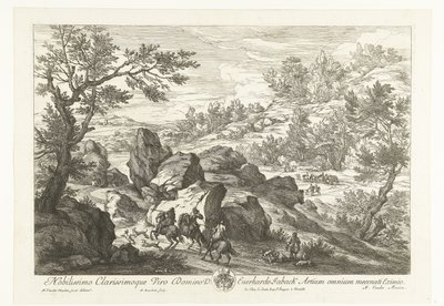 Landschap met ruiters bij rotspartij door Adriaen Frans Boudewyns
