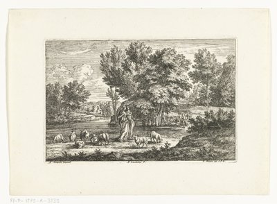 Landschap met twee herderinnen bij een water door Adriaen Frans Boudewyns