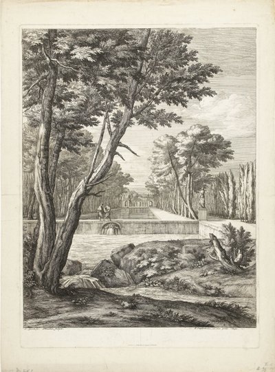 Landschap met twee mannen bij een fontein door Adriaen Frans Boudewyns