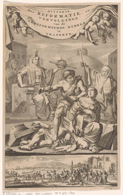 Titelpagina voor: E. Benoist, Historie der Gereformeerde Kerken van Vrankrijk, 1696 door Adriaen Haelwegh
