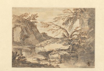 Landschap met grote rotsblokken in water door Adriaen Honich (attributed to)