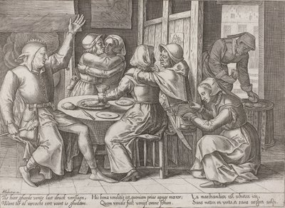 Drinkend gezelschap met een nar door Adriaen Huybrechts (I)