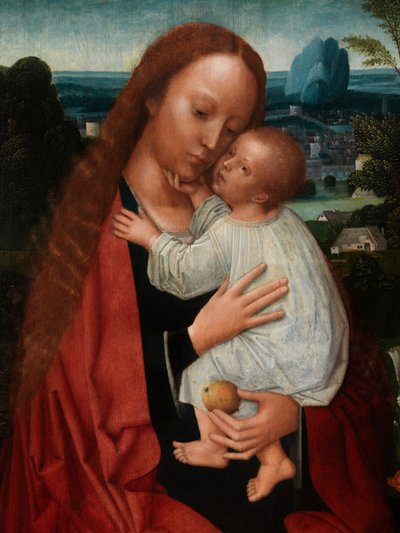 Detail van Madonna met Johannes de Doper en Sint Hiëronymus door Adriaen Isenbrandt or Isenbrant