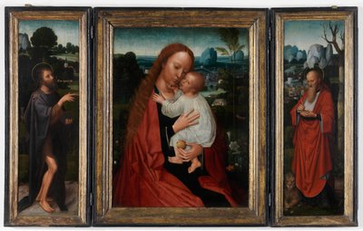 Madonna met Johannes de Doper en Sint Hiëronymus door Adriaen Isenbrandt or Isenbrant