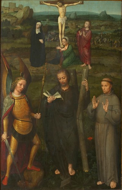 De kruisiging met heiligen Michael de Aartsengel, Andreas en Franciscus van Assisi, ca. 1510 door Adriaen Isenbrant