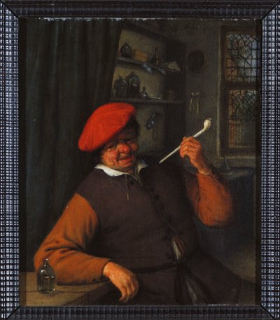 Een boer met een rode baret die een pijp rookt, in een interieur door Adriaen Jansz. van Ostade