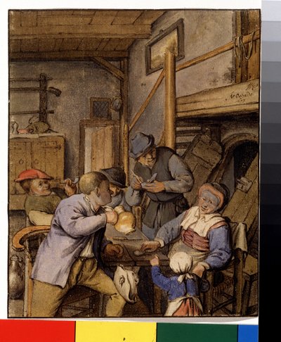 In een herberg. Boeren roken en drinken aan tafel voor de ingang van een kelder door Adriaen Jansz. van Ostade