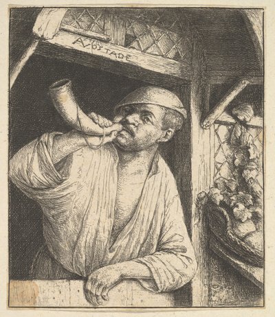 Bakker die op een hoorn blaast, 1610-85 door Adriaen Jansz. van Ostade
