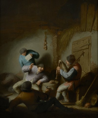 Schuurinterieur met boeren die muziek maken door Adriaen Jansz. van Ostade