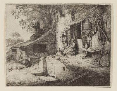 Bij de deur van het huisje - De spinster door Adriaen Jansz. van Ostade